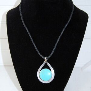 Vintage Sterling Silver Leather rope choker necklace Large Turquoise pendant